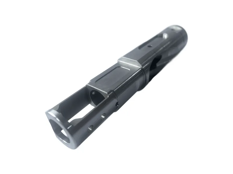 Stainless mill-turn part with slot, wire-cut window and cross holes