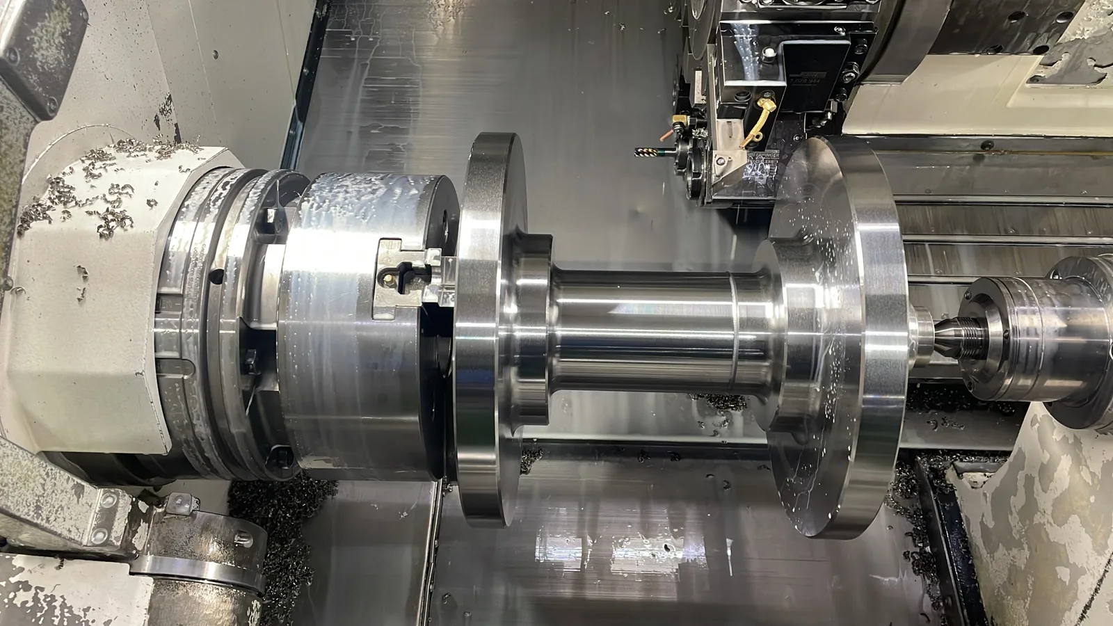 Flanged shaft being machined on the Mazak QT-250MY