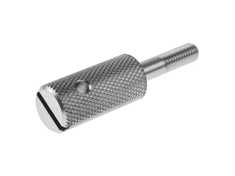 Stainless knurled thumb screw with slot, cross hole and threaded stud